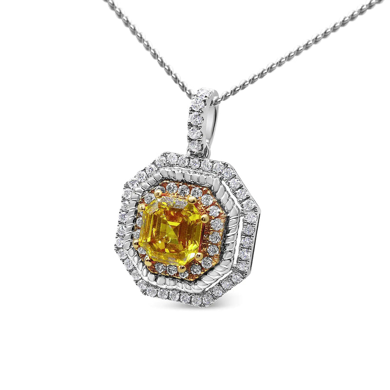 18K White and Yellow Gold 2 1/4 Cttw Lab Grown Yellow Asscher Cut Diamond Art Deco Style Halo 18" Pendant Necklace (Yellow/G-H Color, VS1-VS2 Clarity)