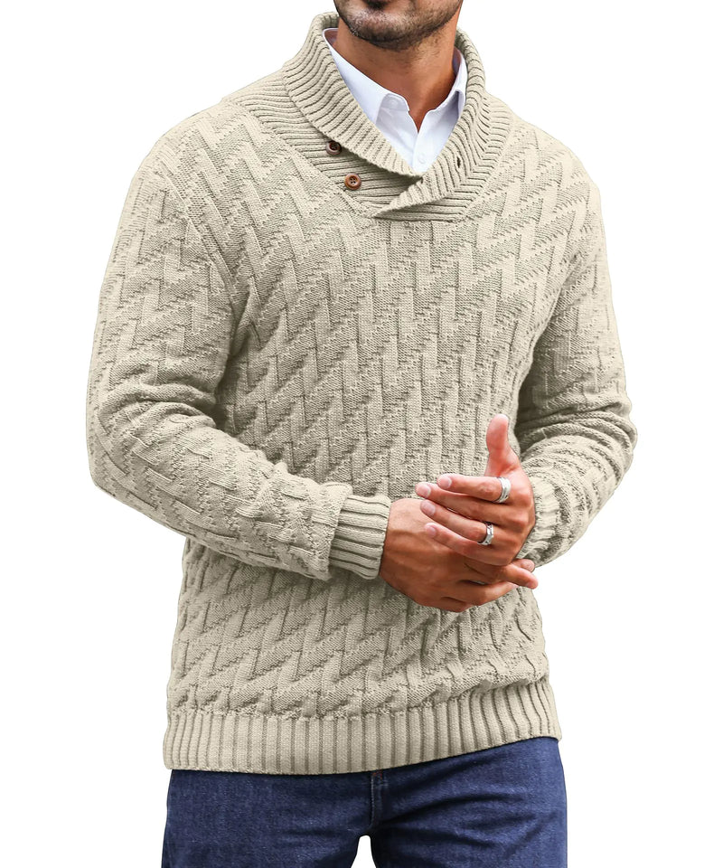 KAVIANA Mens Shawl Collar Pullover Sweater Casual Cable Knit Turtleneck Sweaters Khaki