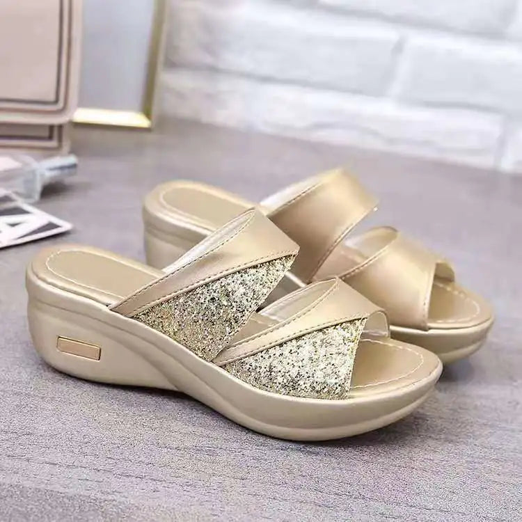Sequined Wedge Heel Fish Mouth Slippers for Women