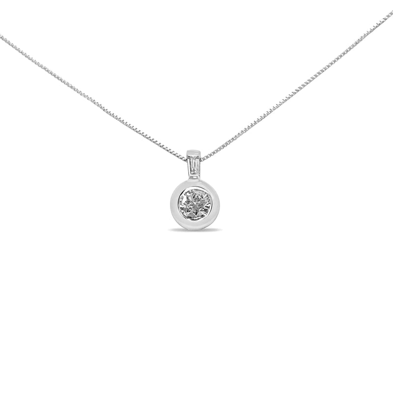 10K White Gold 1/4 Cttw Round and Baguette Diamond Bale and Solitaire 18" Pendant Necklace (I-J Color, I2-I3 Clarity)