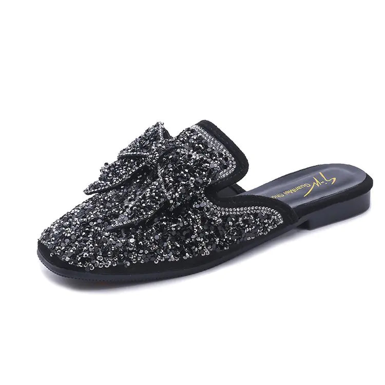 Korean Fashion Half-Length Slippers with Sequined Bow