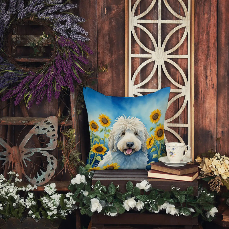 Komondor in Sunflowers Throw Pillow