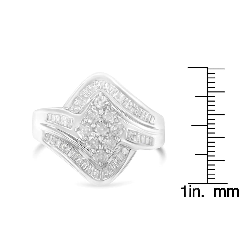 .925 Sterling Silver 1.0 Cttw Round & Baguette Cut Diamond Bypass Faux-Wrap Cluster Engagement or Cocktail Ring (I-J Color, I2-I3 Clarity)