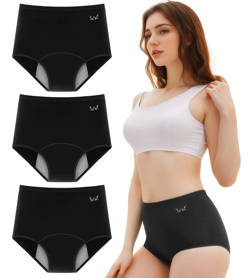 Benirap Period Underwear for Women Heavy Flow Leakproof High Waisted Cotton Panties Postpartum Menstrual Briefs 3 Pack Black