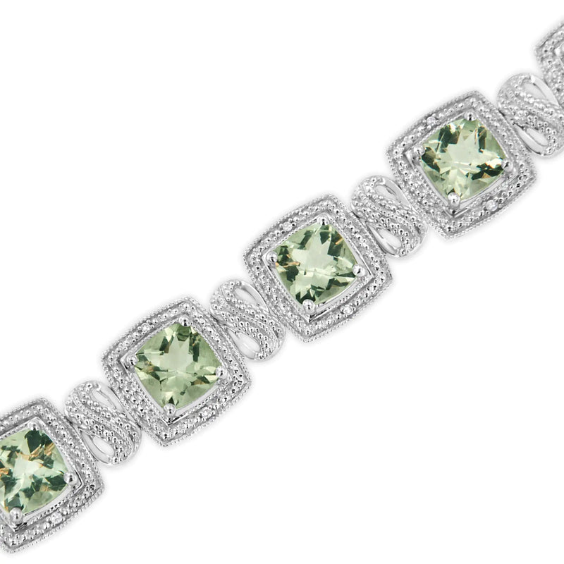 .925 Sterling Silver 7x7 mm Cushion Cut Green Amethyst and 1/10 cttw Single Cut Diamond Square Shape Tennis Bracelet (I-J Color, I1-I2 Clarity) - 7"