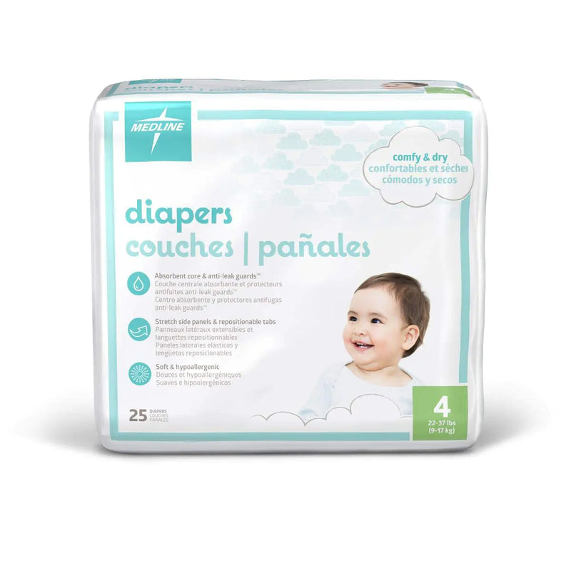 Medline Premium Disposable Baby Diapers Absorbent & Ultra-Soft for Delicate Skin Size 4 (22-37 lbs) 200 Count (8 Packs of 25)