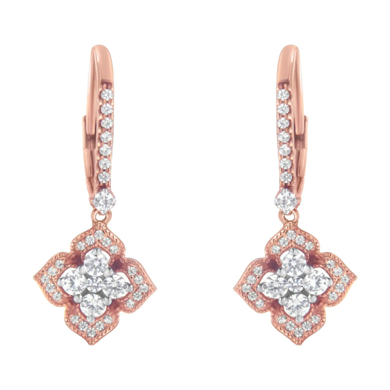 10K Rose Gold 3/4 Cttw Diamond Flower Drop Dangle Earring (I-J Color, I1-I2 Clarity)