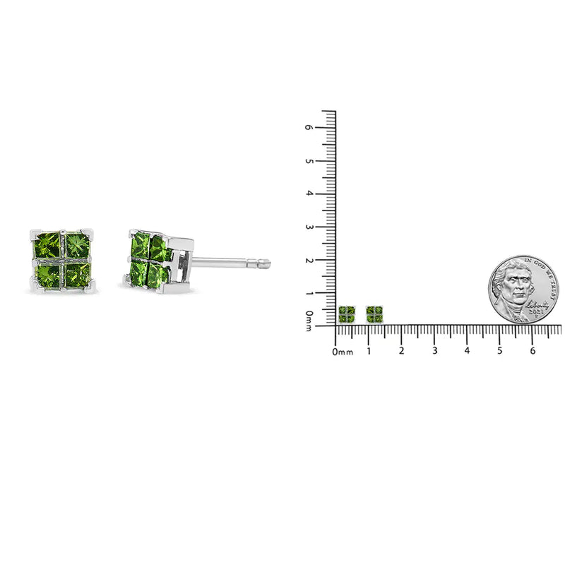 .925 Sterling Silver Treated Green Princess-cut Diamond 4 Stone Composite Quad Stud Earring (Green Color, I1-I2 Clarity)