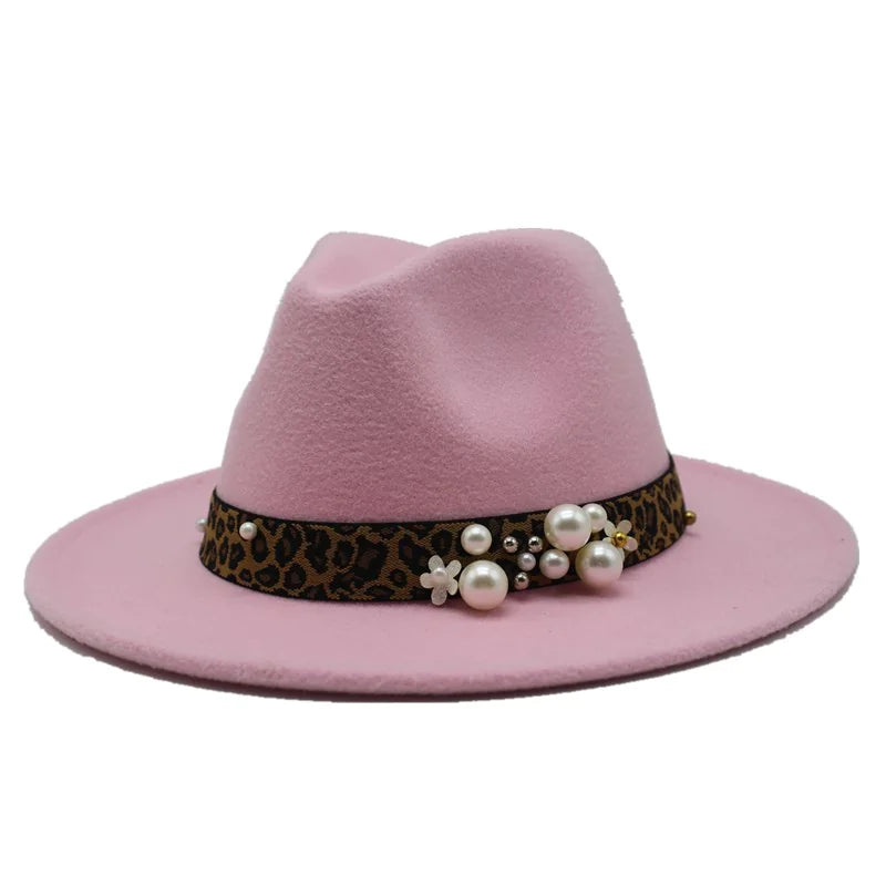 Fashion Pearl Leopard Print Wool Fedora Hat for Women