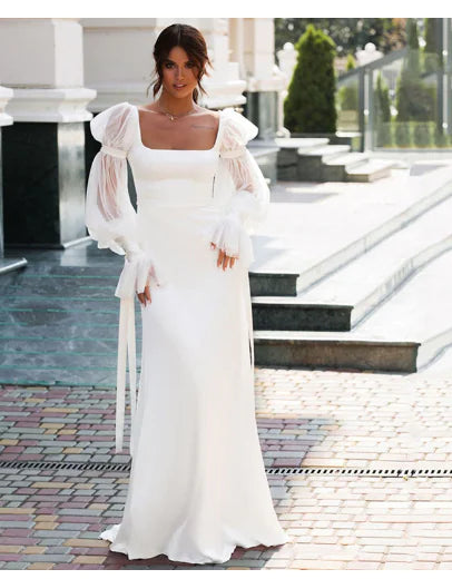 Elegant Satin Mermaid Wedding Dress with Puff Sleeves