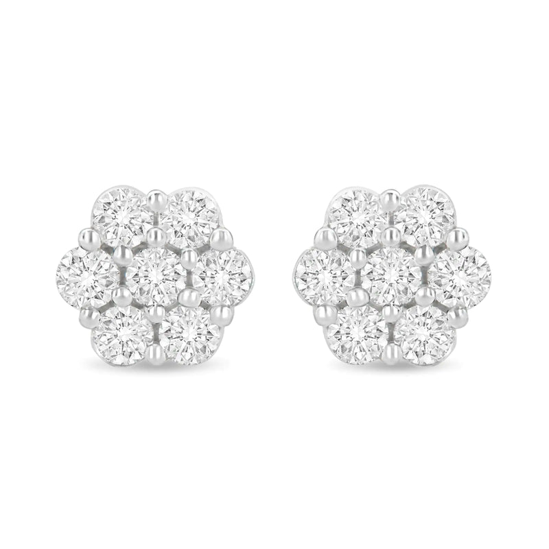 14K White Gold 1 1/2 cttw Prong Set Round-Cut Diamond Floral Cluster Stud Earrings (I-J Color, SI1-SI2 Clarity)