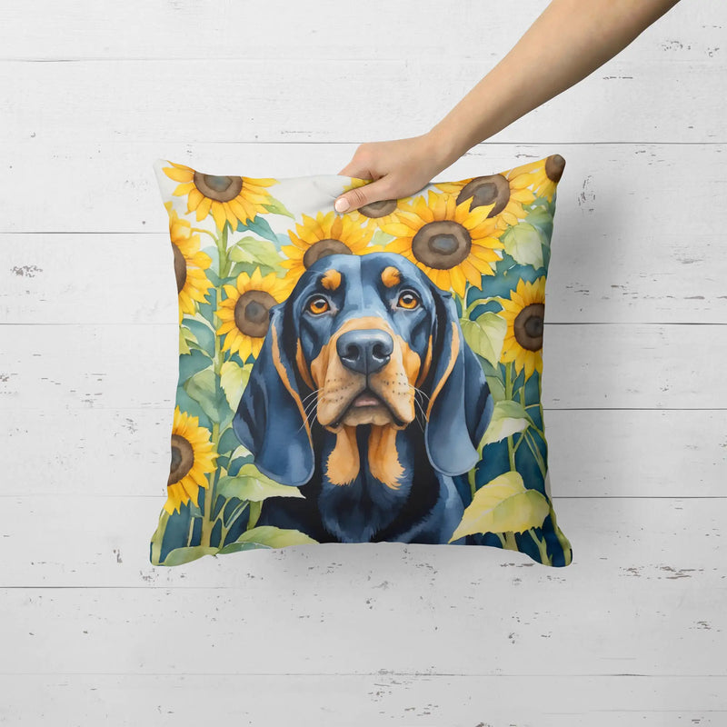 Black and Tan Coonhound in Sunflowers Throw Pillow