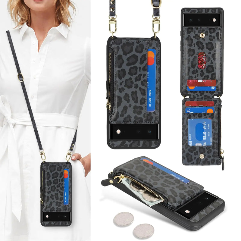 Cavor for Google Pixel 6 Case Wallet,Phone Case for Pixel 6 Crossbody Case with Strap,Pixel 6 Wallet Case for Women,Leather Zipper Pocket Card Holder Case-Leopard Black