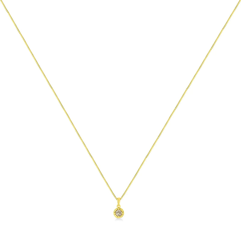 14K Yellow Gold Plated .925 Sterling Silver Brilliant Round Cut Diamond Solitaire Milgrain 18" Pendant Necklace