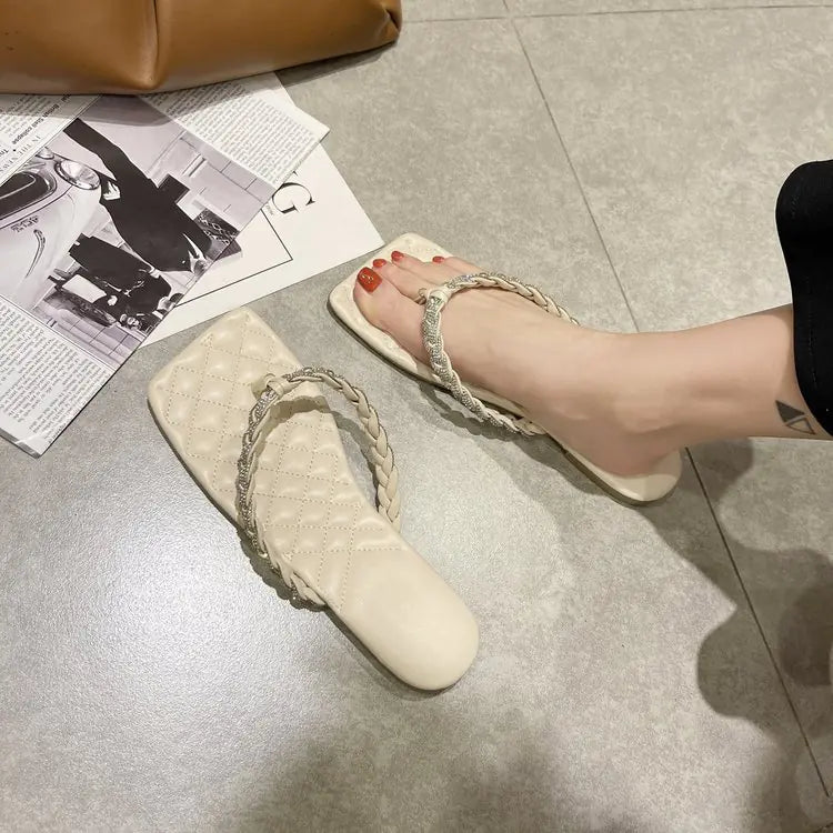 Rhinestone Clip Square Toe Flat Sandals for Summer