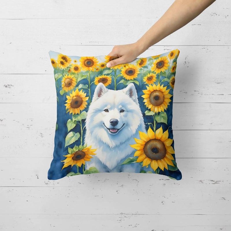 Samoyed in Sunflowers Throw Pillow