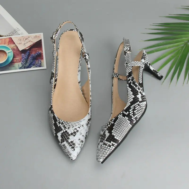Snake Print Pointed Toe Heeled Sandals for Women