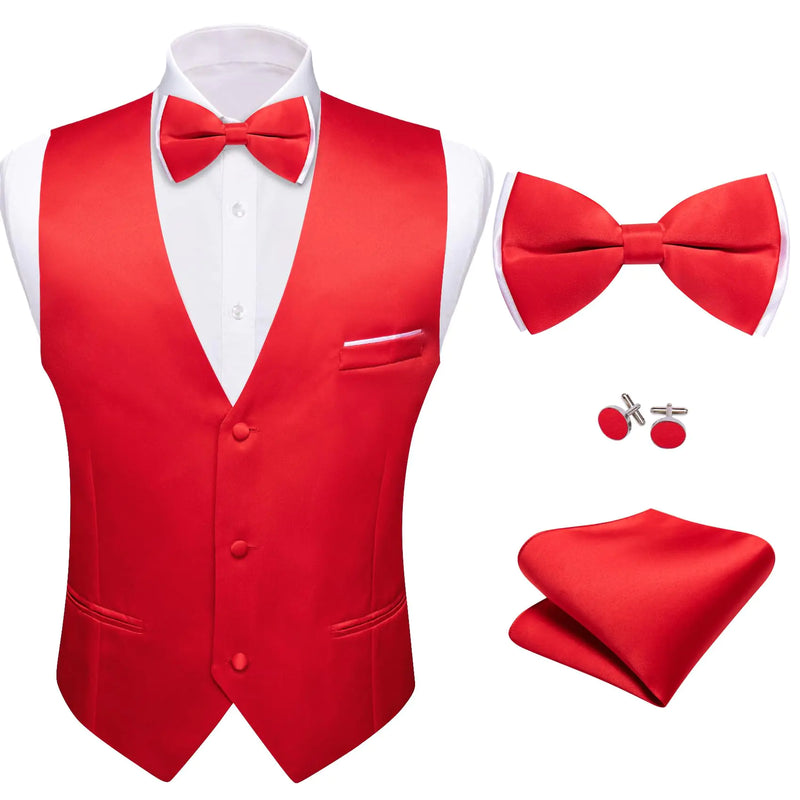 Barry.Wang Mens Red Formal Suit Vest V-neck Regular Fit Casual Waistcoat Bowtie Set for Festival Party