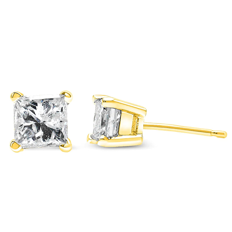 AGS Certified Princess-Cut Square Diamond 4-Prong Solitaire Stud Earrings in 14K Gold (P-Q Color, I1-I2 Clarity)