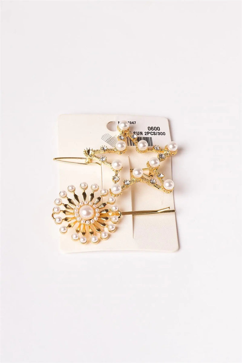 2pcs Gold Pearl Rhinestone Star Hair Bobby Pins