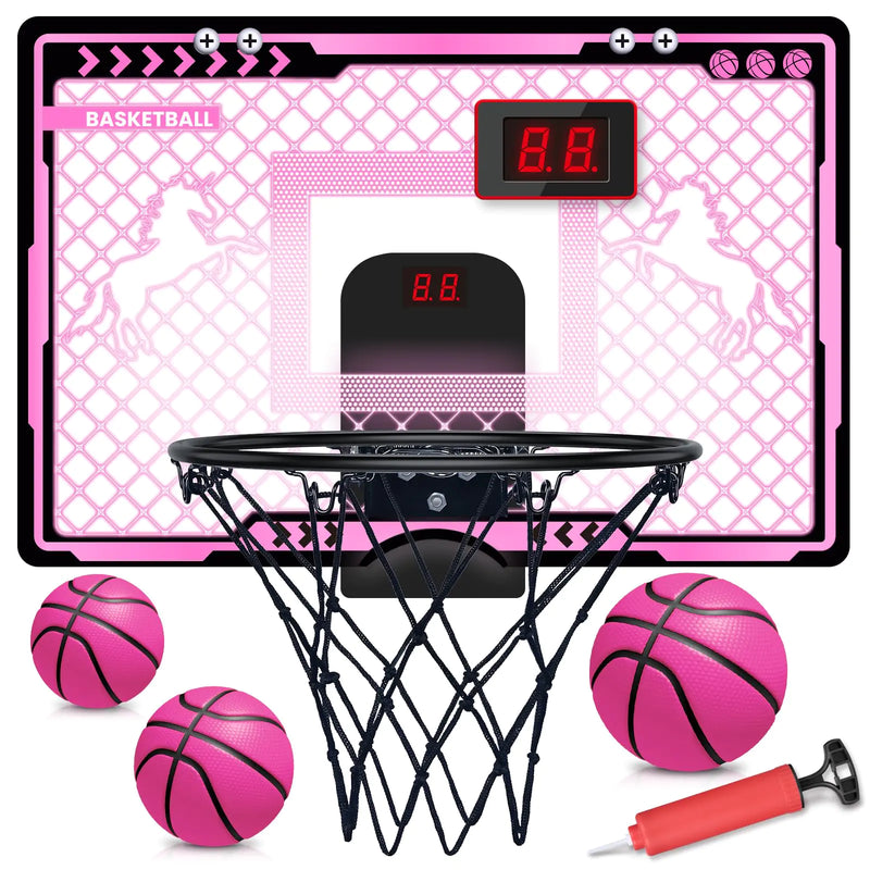 Basketball Hoop Indoor Kids Girls Pink - Mini Over The Door Basketball Hoops with Electronic Scoreboard Toys & 3 Balls Unicorn Birthday Gifts Age 5 6 7 8 9 10 11 12 Year Old Girls
