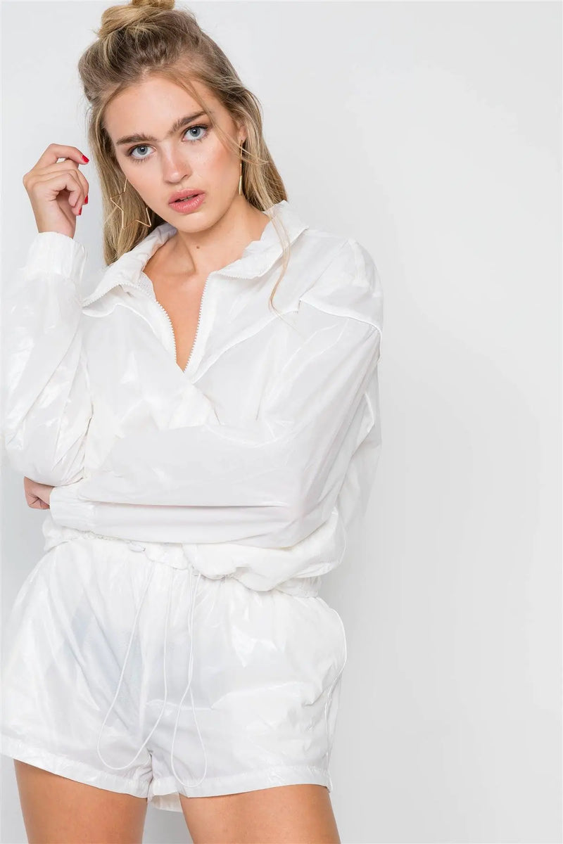 White Windbreaker Zip-Up Jacket Short Set /2-2-2