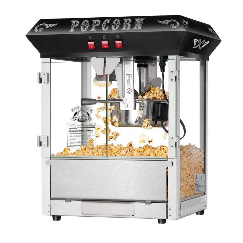Hot and Fresh Countertop Popcorn Machine – 3 Gallon Popper – 8oz Kettle Old Maids Drawer Warming Tray Scoop by Superior Popcorn Company (Black)