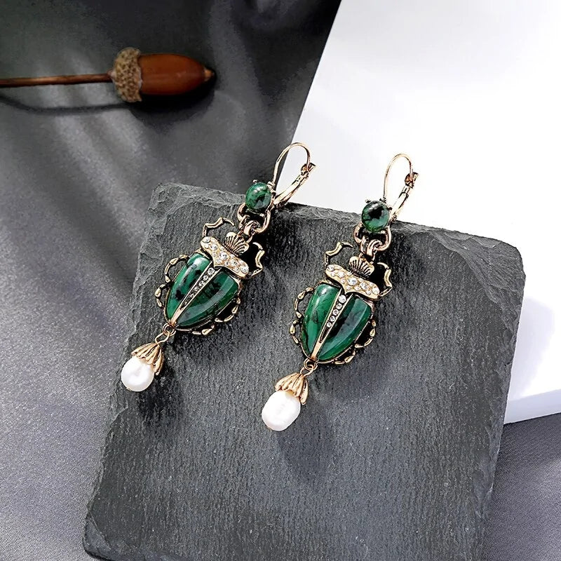 Cultured Pearl Beetle Earrings