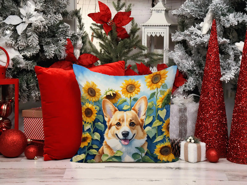 Corgi in Sunflowers Throw Pillow