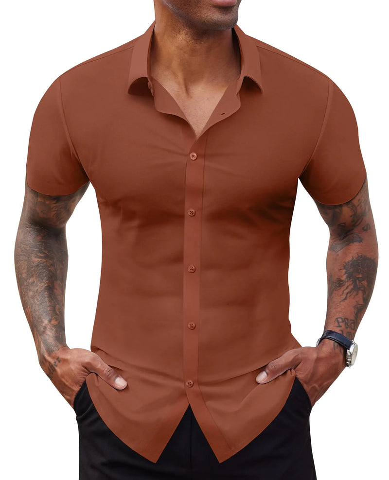 Lion Nardo Stretch Dress Shirts for Men Short Sleeve Slim Fit Casual Button Down Shirts Muscle Fit Mens Dress Shirts Brown