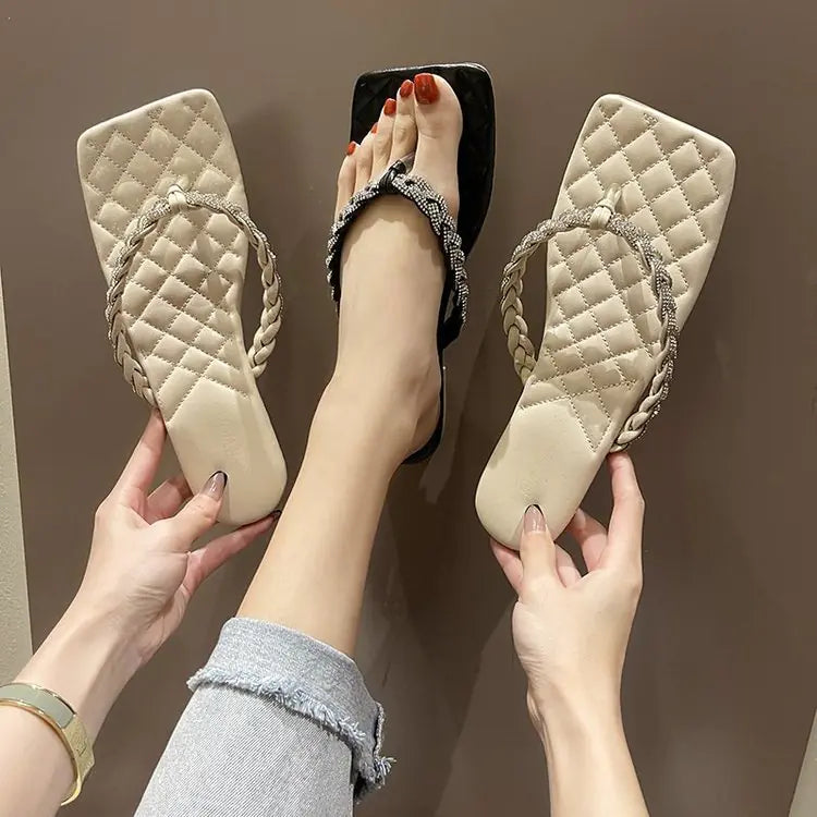 Rhinestone Clip Square Toe Flat Sandals for Summer