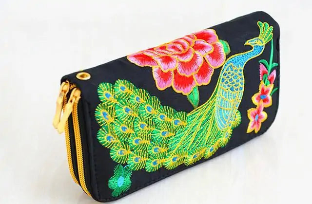 Embroidered Grass Green Peacock Wallet