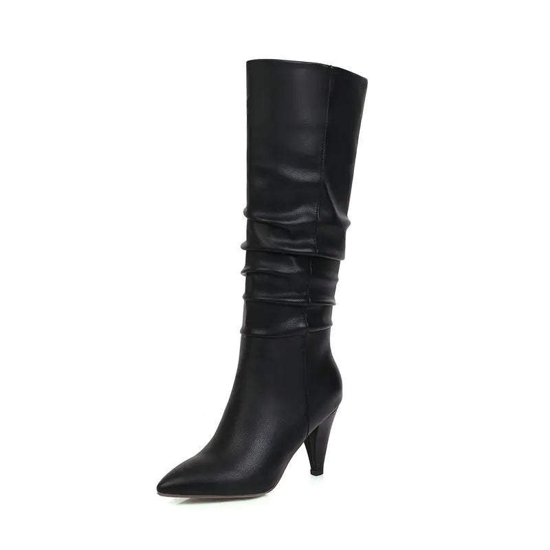 Tapered Heel Pointed Toe Leather Velvet High Boots