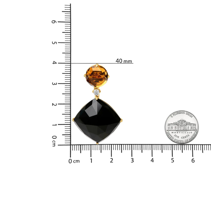 18K Yellow Gold 1/5 Cttw Diamond with Round Yellow Citrine and Cushion Cut Black Onyx Gemstone Dangle Earring (G-H Color, SI1-SI2 Clarity)