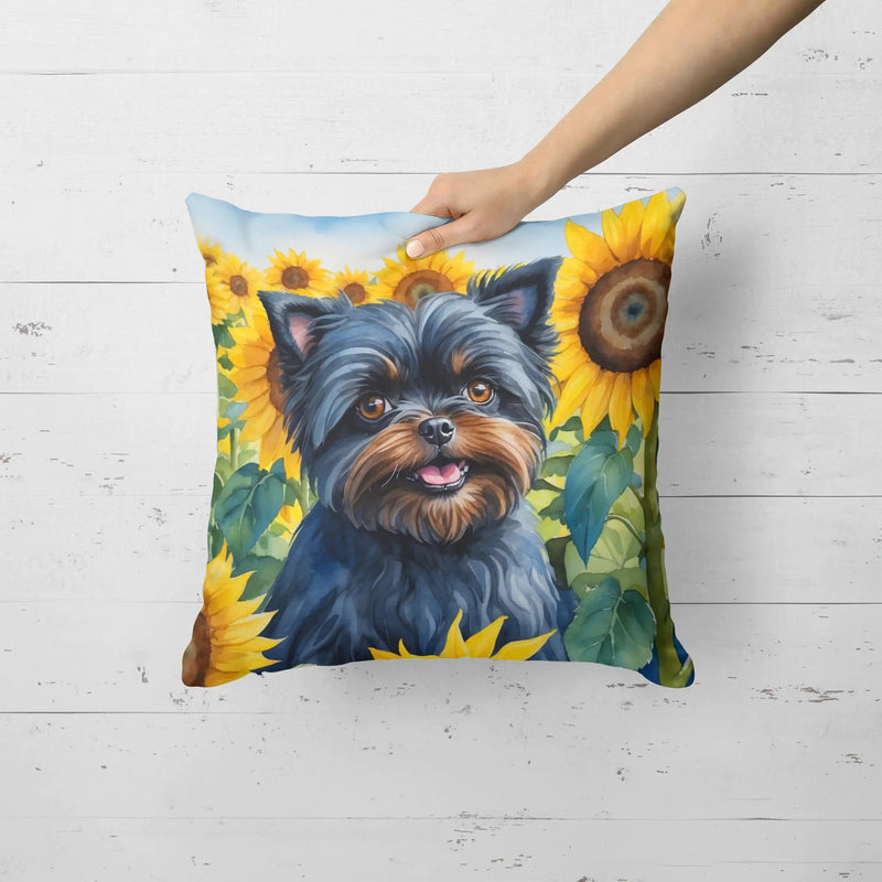 Affenpinscher in Sunflowers Throw Pillow