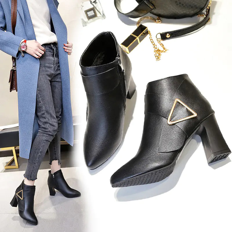 Chic Chunky Heel Pointed Toe Ankle Boots with Metal Decor