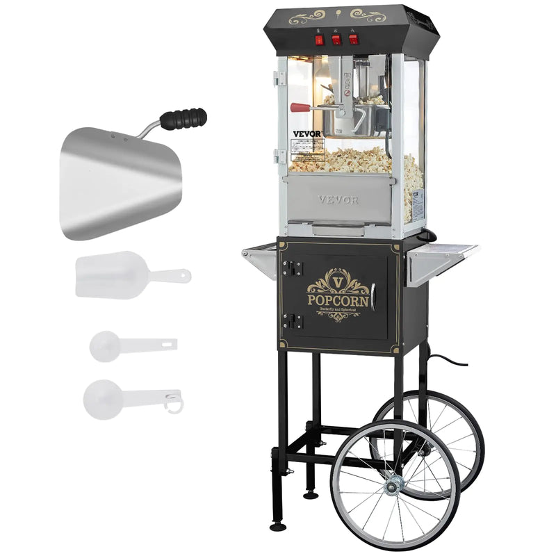 VEVOR Popcorn Maker with Cart 850W Popcorn Popper Machine 8 Oz Kettle Makes 48 Cups per Batch Popcorn Maker Equipped with Tempered Glass Includes 4 Scoops Movie Theater Style Black