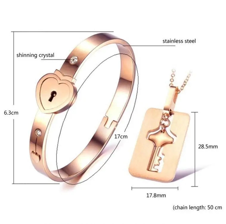 Rose Gold Love Lock Necklace and Bracelet Set