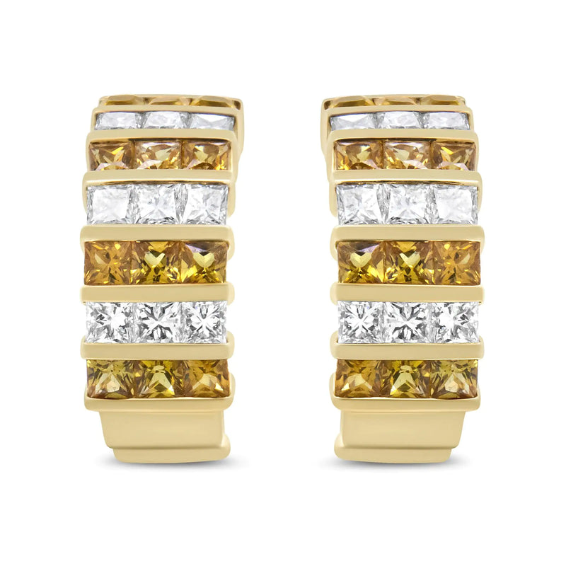 18K Yellow Gold 1 3/4 Cttw Invisible Set Princess Cut Diamond and 2.5mm Yellow Sapphire Huggie Hoop Earrings (F-G Color, VS1-VS2 Clarity)