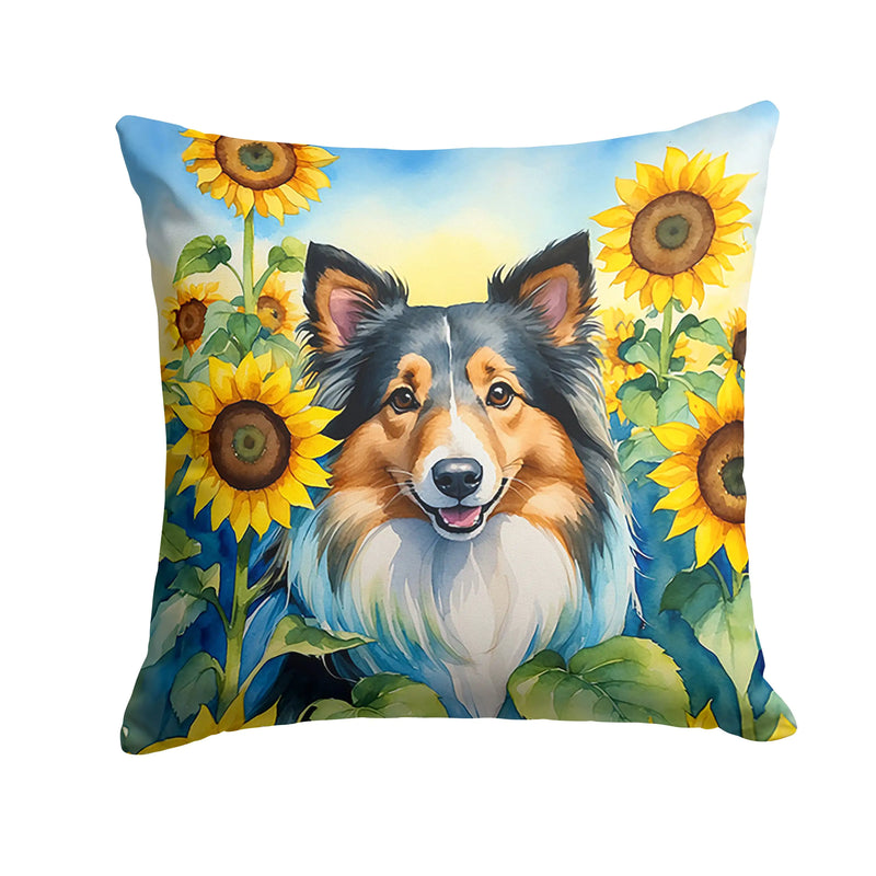 Sheltie in Sunflowers Throw Pillow