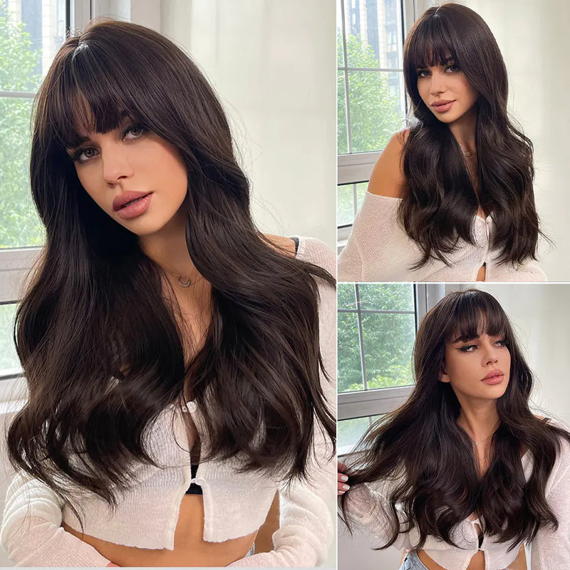 Long Brown Wavy Synthetic Wig with Bangs for Women