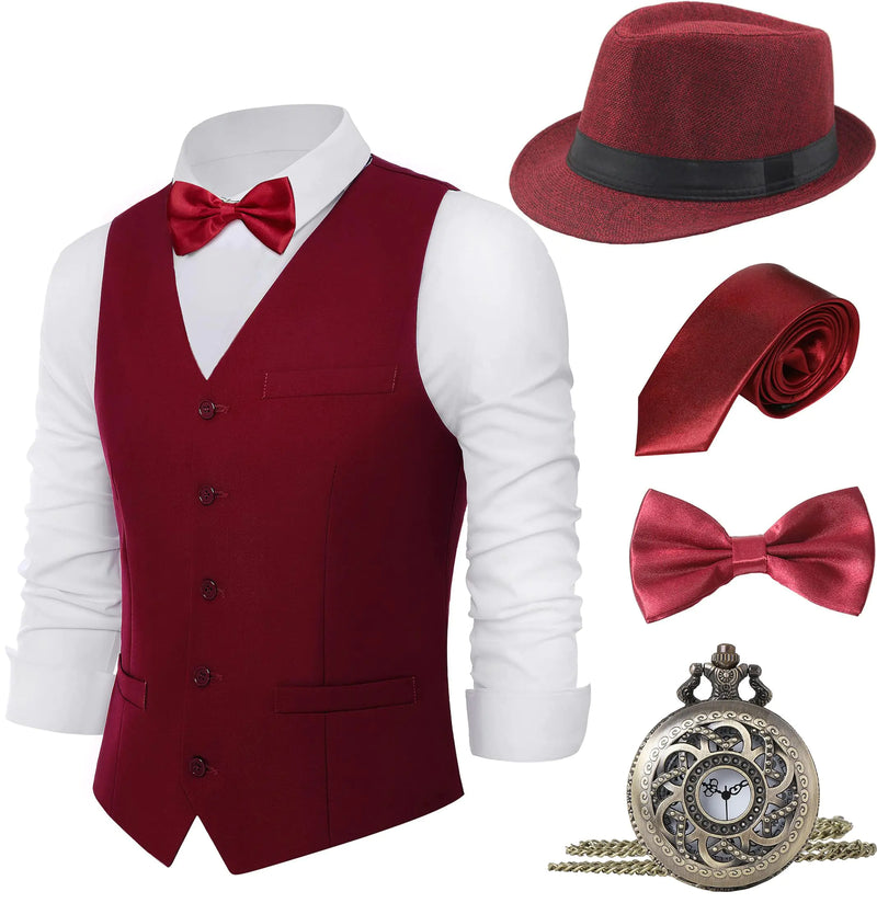 BABEYOND 1920s Mens Gatsby Gangster Vest Costume Accessories Set Fedora Hat Wine Red
