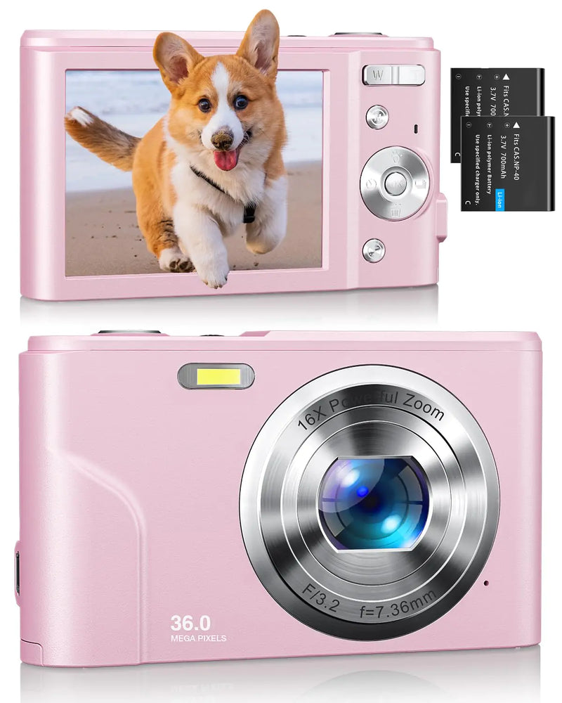Digital Camera Kids Camera 1080P 36MP Video Camera with Two Batteries Time Stamp Antishake 16X Zoom Compact Portable Camera Christmas Birthday Gift for Children Kid Teen Student Girl Boy(Rose Pink)