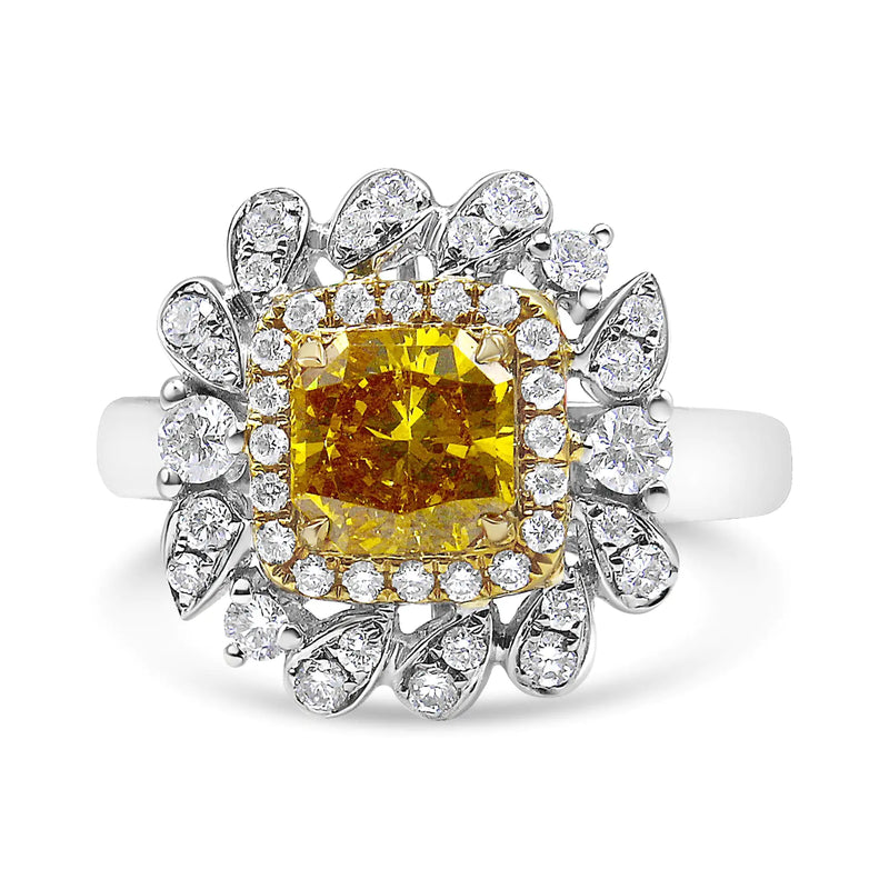 18K White and Yellow Gold 1.76 Cttw Yellow Radiant Lab Grown Center Diamond Double Halo Cocktail Ring (Yellow/G-H Color, VS1-VS2 Clarity)