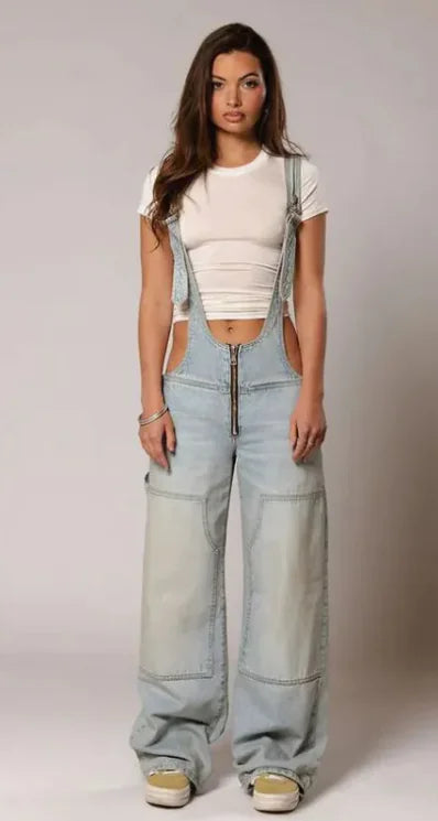 Y2K Denim Overalls with Pockets - Loose Fit Jumpsuit for Women, Streetwear Style