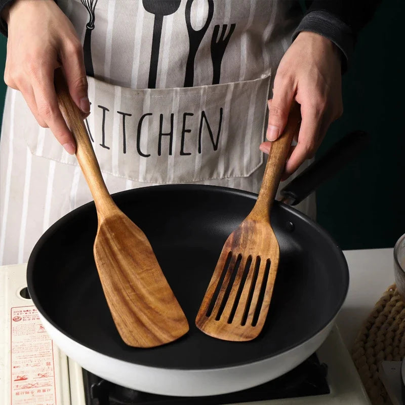 Acacia Teak Wood Long-Handled Cooking Spatula Set – Perfect for Mixing & Serving in Style!