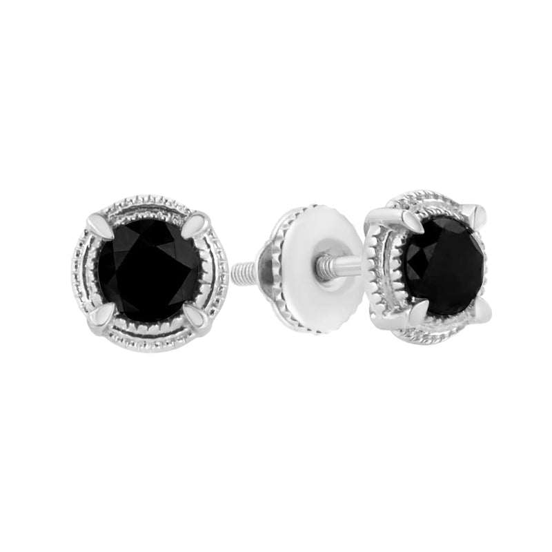 Black Rhodium Plated .925 Sterling Silver Round Diamond Double Halo 4-Prong Solitaire Milgrain Stud Earrings