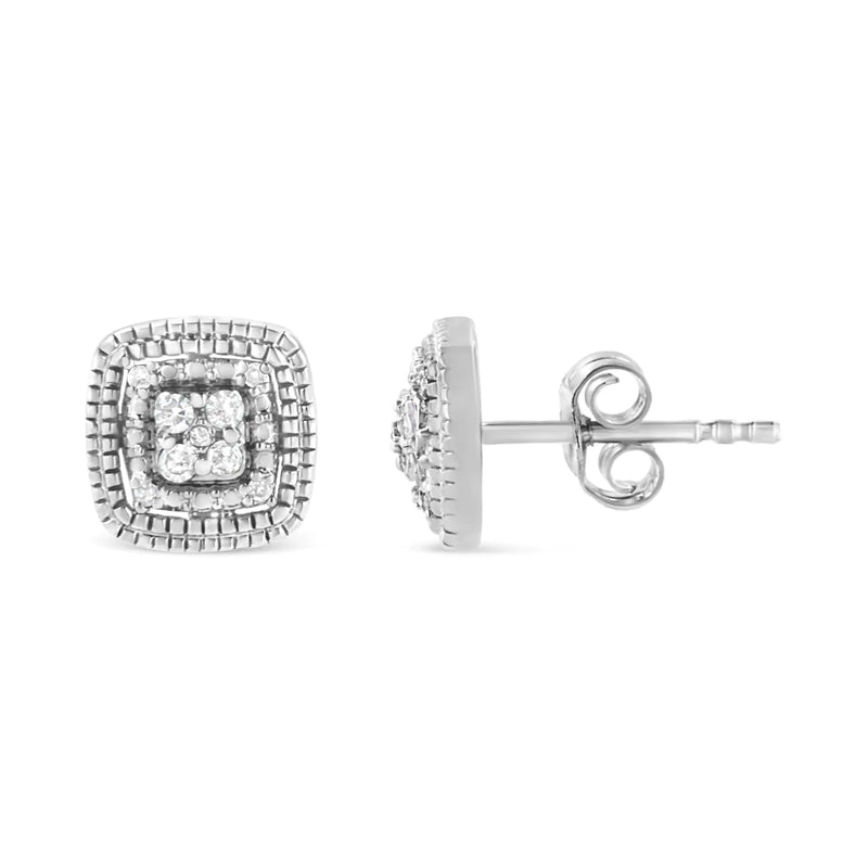 .925 Sterling Silver 1/10 Cttw Prong-Set Round Cut Diamond Square Shape with Milgrain Halo Stud Earrings (I-J Color, I2-I3 Clarity)