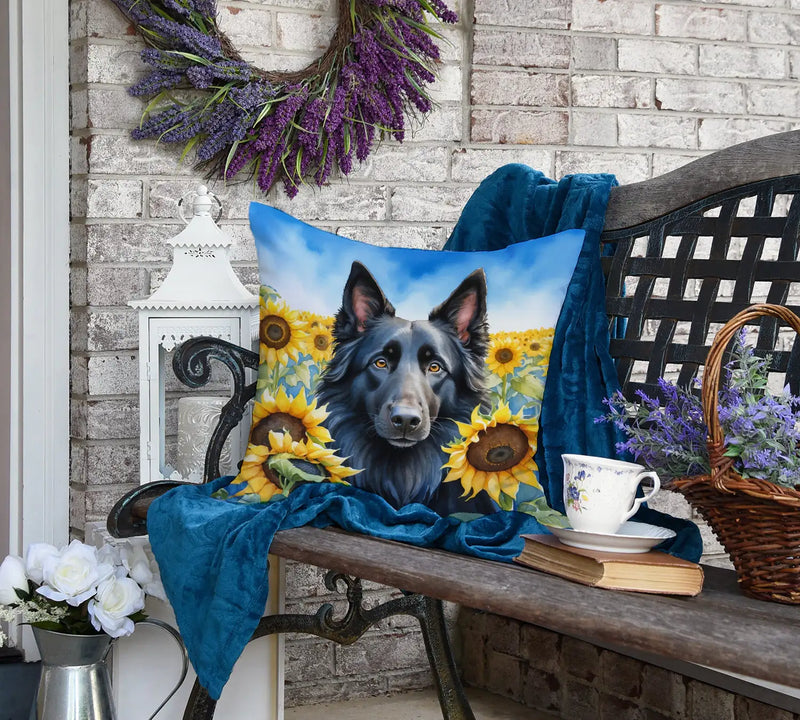 Belgian Sheepdog in Sunflowers Throw Pillow