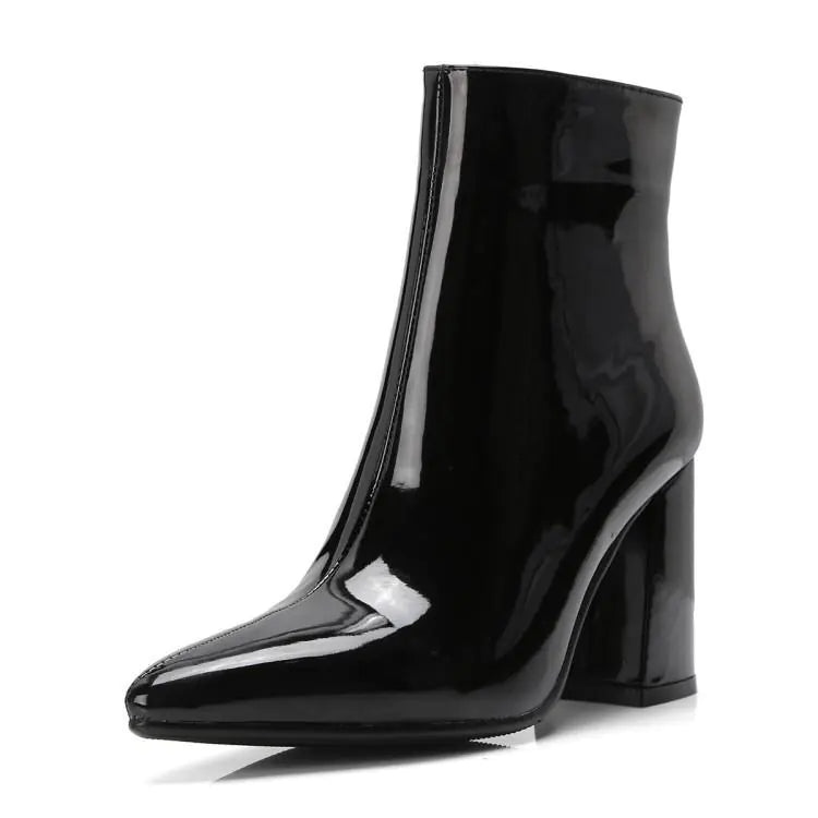 Shiny Pointed Toe Chunky Heel Ankle Boots for Women